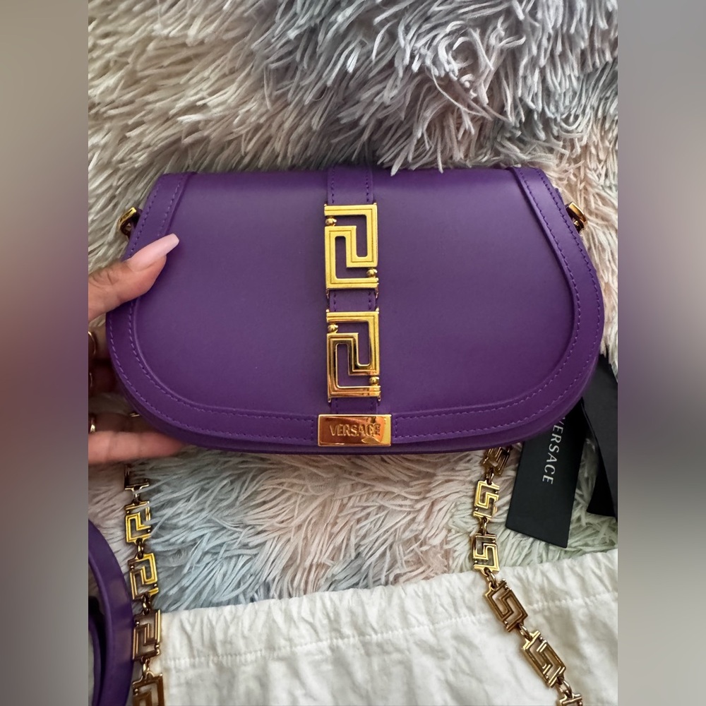 Versace Purple Crossbody Bag with Gold Greek Key